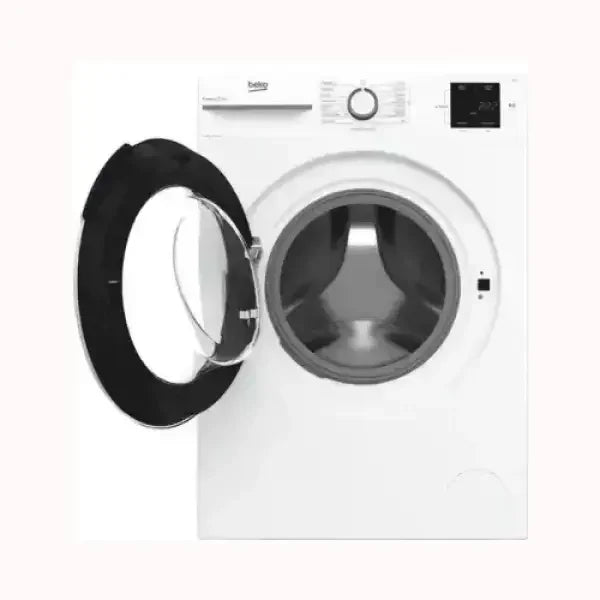 Lavatrice BEKO bianca con oblò aperto e pannello di controllo digitale