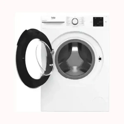 Lavatrice BEKO bianca con oblò aperto e pannello di controllo digitale