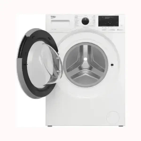 Lavatrice BEKO bianca con oblò aperto e pannello comandi digitale e manopola