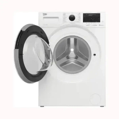 Lavatrice BEKO bianca con oblò aperto e pannello comandi digitale e manopola