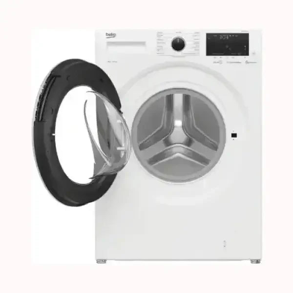 Beko lavatrice bianca con oblò aperto e display digitale per cicli di lavaggio moderni