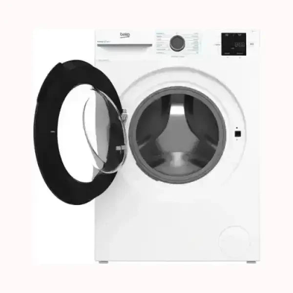 Lavatrice Beko bianca con sportello frontale aperto e pannello di controllo digitale