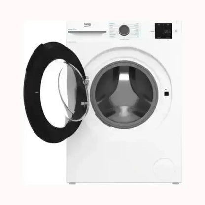 Lavatrice Beko bianca con sportello frontale aperto e pannello di controllo digitale