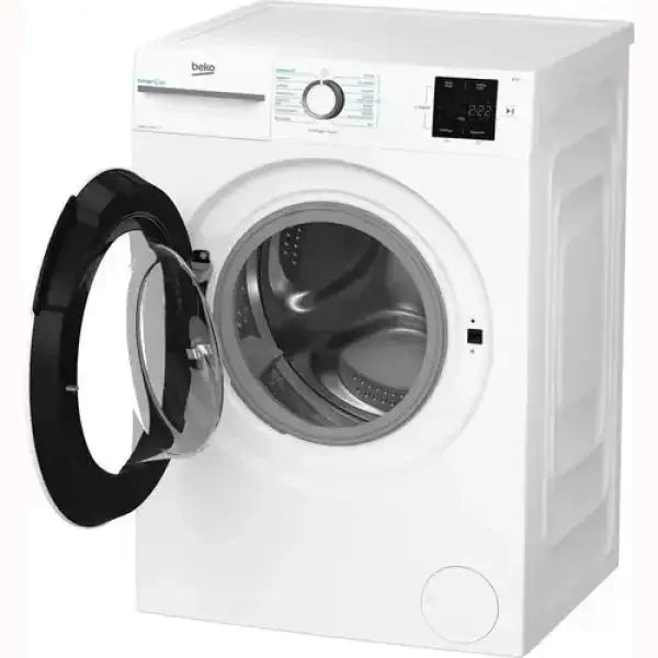 Lavatrice Beko bianca con sportello anteriore aperto e pannello di controllo digitale