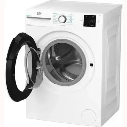 Lavatrice Beko bianca con sportello anteriore aperto e pannello di controllo digitale