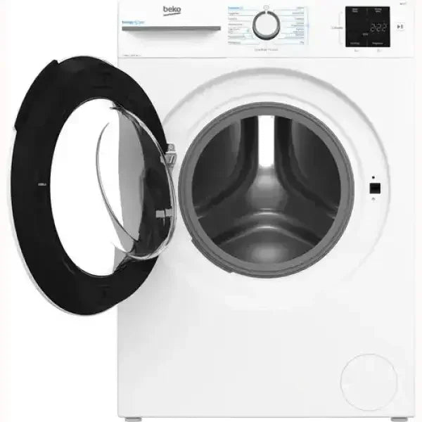 Lavatrice Beko frontale bianca con sportello aperto e pannello di controllo digitale