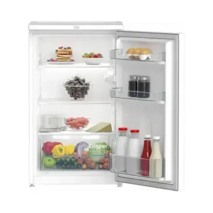 Beko mini frigo bianco compatto con porta aperta e organizzazione interna di vari alimenti freschi