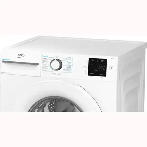 Lavatrice Beko bianca con oblò frontale e pannello di controllo digitale
