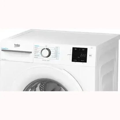 Lavatrice Beko bianca con oblò frontale e pannello di controllo digitale