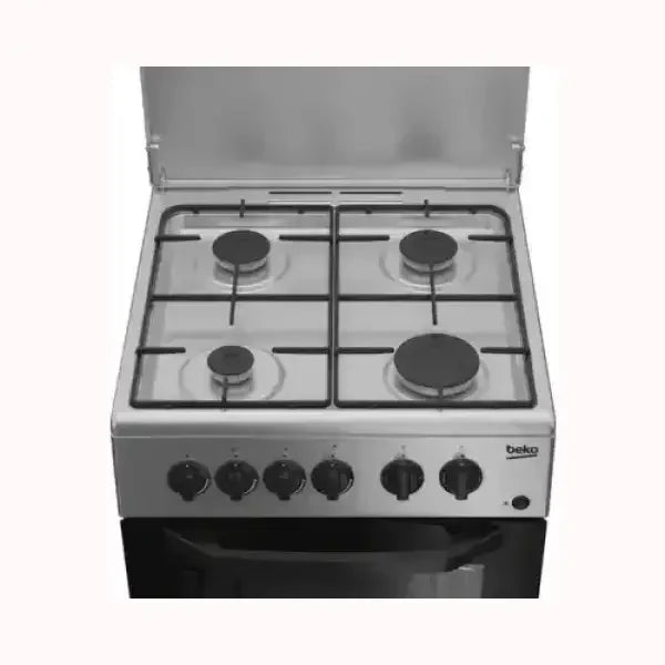 Cucina BEKO con piano cottura a quattro fuochi e forno integrato in acciaio inox
