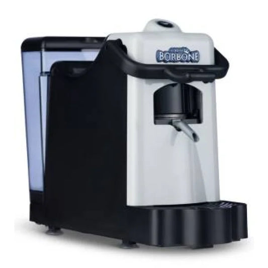 Macchina da caffè Borbone compatta colore bianco e nero con serbatoio acqua trasparente