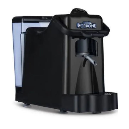 Macchina da caffè Borbone nera compatta con serbatoio acqua trasparente e design moderno