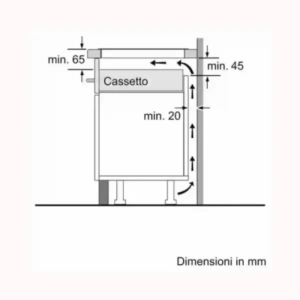 Schema tecnico delle dimensioni in millimetri per il montaggio di un piano cottura BOSCH con cassetto