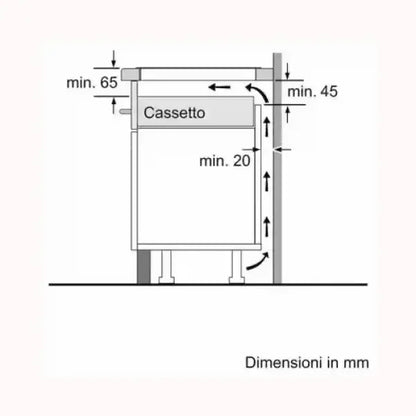 Schema tecnico delle dimensioni in millimetri per il montaggio di un piano cottura BOSCH con cassetto