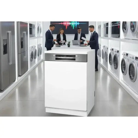 Lavastoviglie da incasso BOSCH in showroom con elettrodomestici e professionisti al lavoro