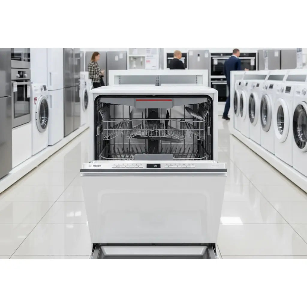 Lavastoviglie da incasso BOSCH bianca con cestelli spaziosi in un negozio di elettrodomestici