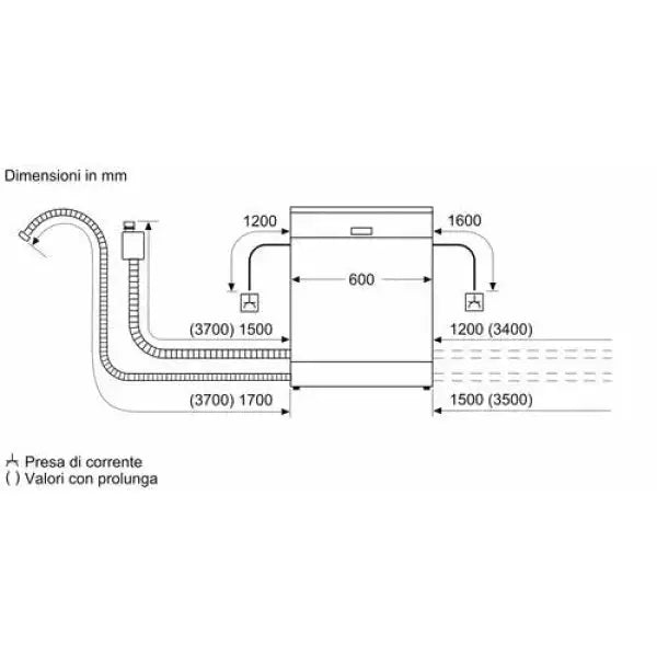 Schema tecnico della lavastoviglie BOSCH con dimensioni in millimetri e dettagli di installazione