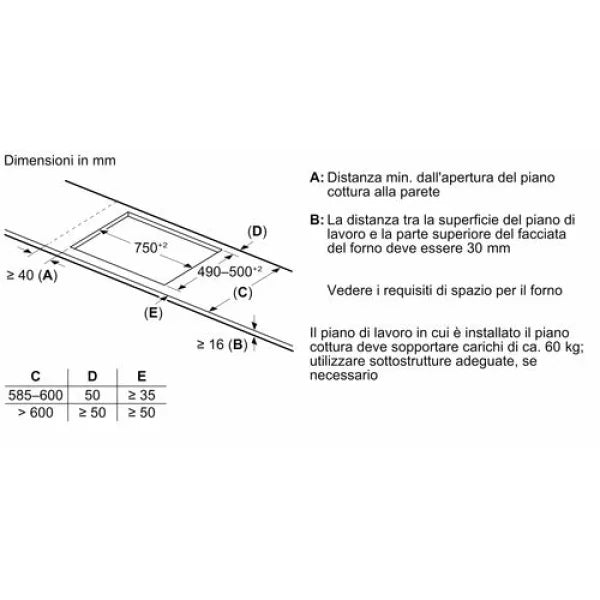 Schema tecnico con dimensioni in mm per l'installazione piano cottura BOSCH con distanze minime e requisiti di spazio