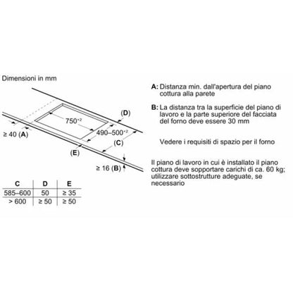Schema tecnico con dimensioni in mm per l'installazione piano cottura BOSCH con distanze minime e requisiti di spazio