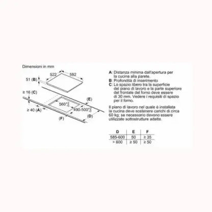 Schema tecnico con dimensioni in mm per piano cottura BOSCH da installare su piano cucina