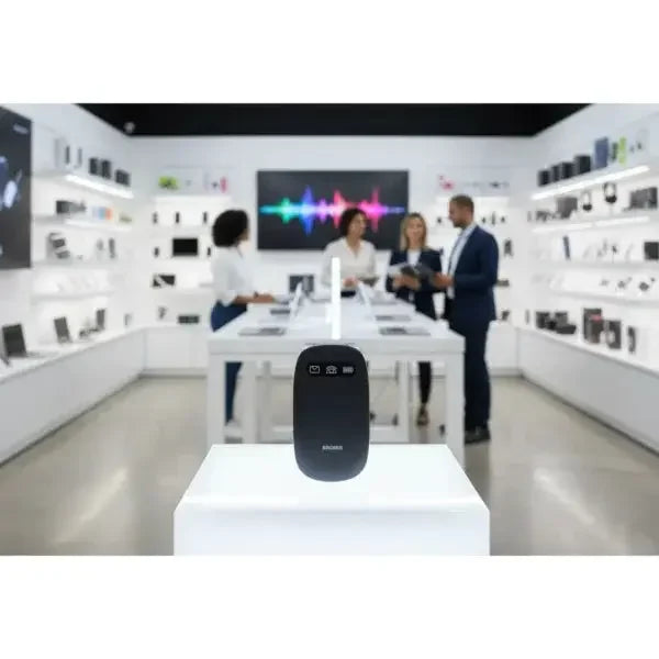 Smartphone Brondi in esposizione in un negozio tecnologico moderno con clienti e venditori in sfondo