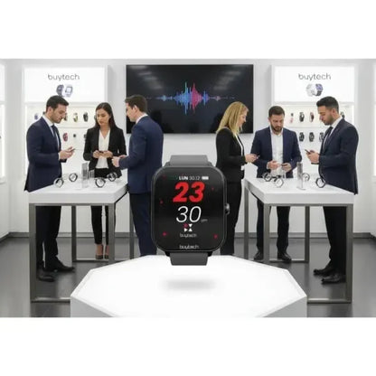 Smartwatch BUYTECH con display quadrato e funzioni avanzate in un ambiente di lavoro moderno