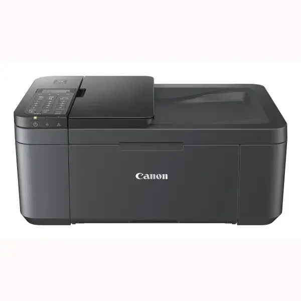 Stampante multifunzione Canon nera con scanner piano, pannello di controllo e vassoio carta frontale