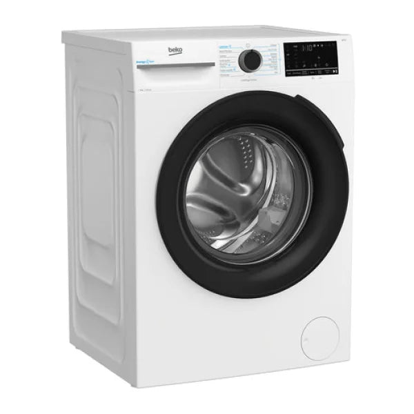Beko lavatrice carica frontale bianca con oblo nero e display digitale, cestello in acciaio inox