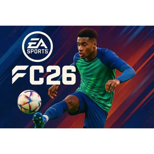 Giocatore di calcio che calcia una palla in EA Sports FC 26 con uno sfondo vivace