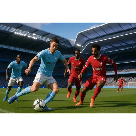 Giocatore con maglia Manchester City in EA XBOX mentre affronta avversari del Liverpool sul campo da calcio