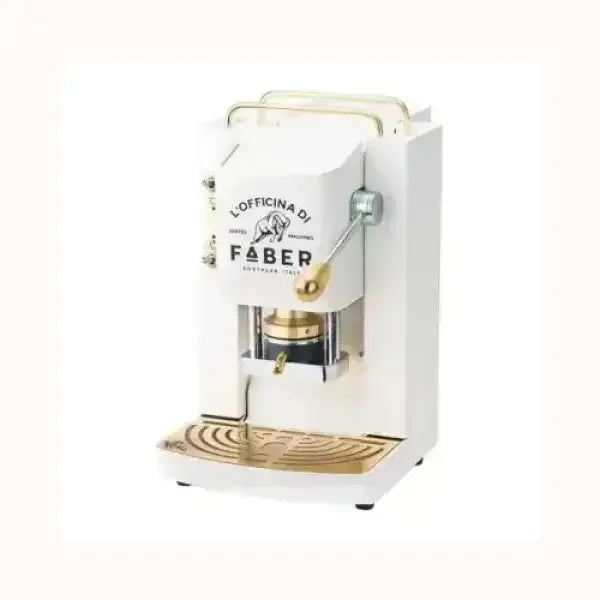 Macchina da caffè FABER bianca con dettagli dorati e leva manuale per espresso artigianale