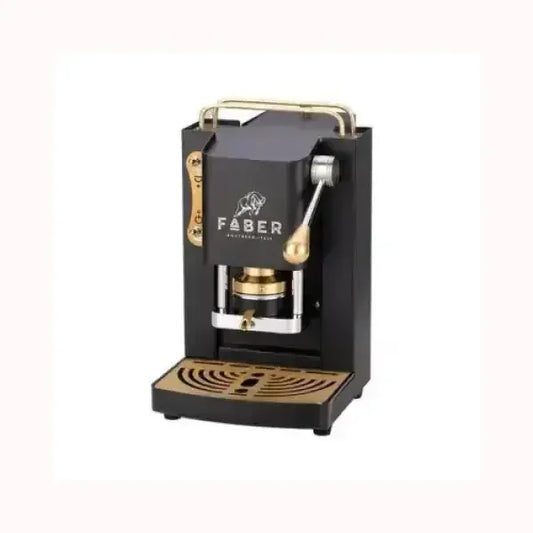 Macchina da caffè nera FABER con finiture dorate e design compatto per preparare espresso