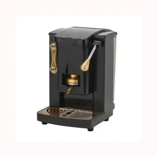 Macchina da caffè nera FABER con dettagli dorati e leva per espresso compatto e moderno