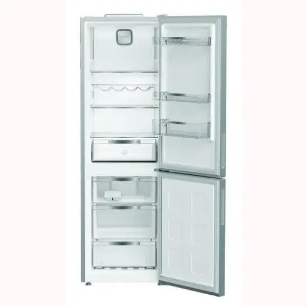 Frigo Combinato Hotpoint bianco con porte aperte che mostrano scomparti interni e ripiani trasparenti