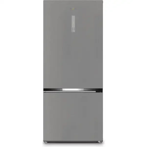 Frigorifero Whirlpool moderno a doppia porta con finitura grigia e design elegante