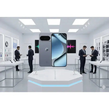 Google Pixel 10 Pro smartphone grigio esposto in un negozio elettronico moderno con clienti