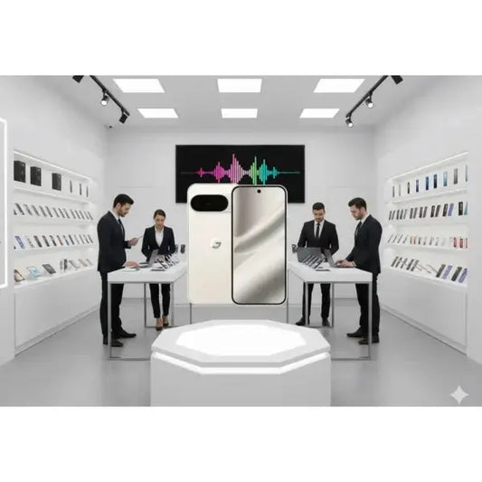 Smartphone Google Pixel 10 Pro in un negozio di elettronica con espositori e clienti