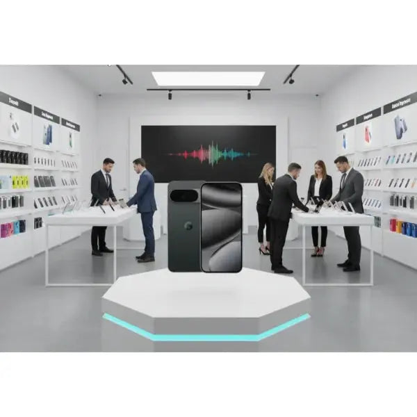 Smartphone Google Pixel 10 Pro XL in un negozio con display moderni e clienti che provano i dispositivi