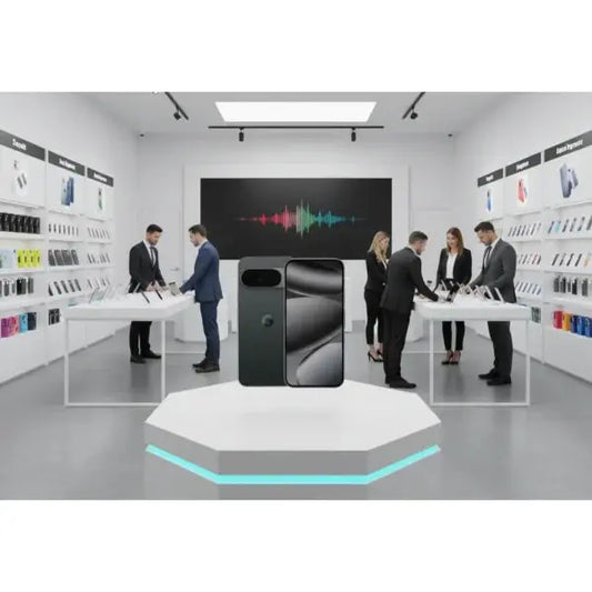 Smartphone Google Pixel 10 Pro XL in un negozio con display moderni e clienti che provano i dispositivi