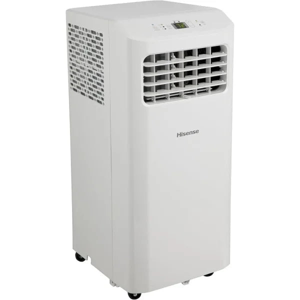 Condizionatore portatile Hisense bianco con ruote e pannello di controllo digitale
