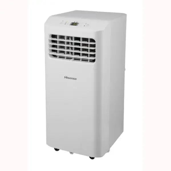 Condizionatore Portatile Hisense bianco con display digitale e rotelle per facile trasporto