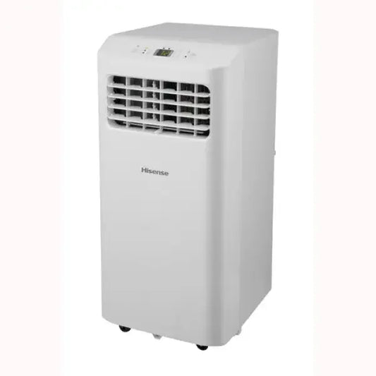 Condizionatore Portatile Hisense bianco con display digitale e rotelle per facile trasporto