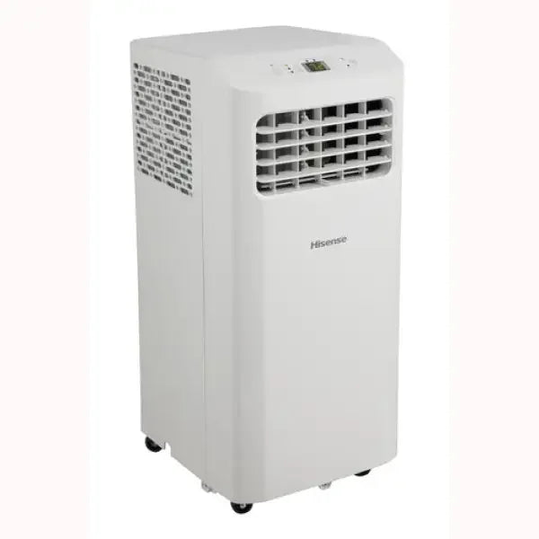 Condizionatore portatile Hisense bianco con ruote e pannello di controllo digitale