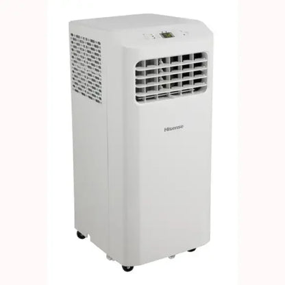 Condizionatore portatile Hisense bianco con ruote e pannello di controllo digitale