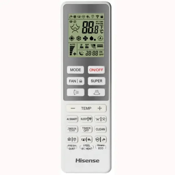 Telecomando bianco Hisense per condizionatore con schermo LCD e pulsanti funzione