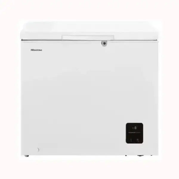Congelatore Hisense bianco con chiusura a coperchio e display digitale frontale