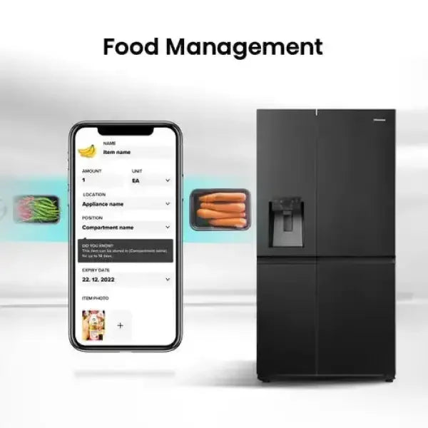 Hisense frigo side by side nero con dispenser acqua e gestione digitale del cibo tramite smartphone