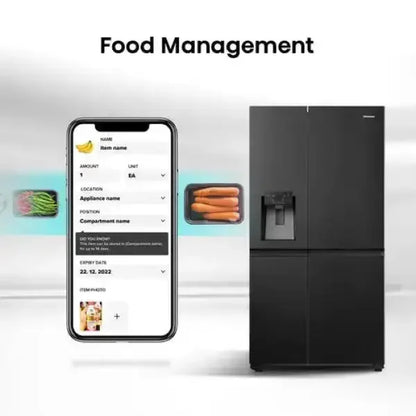 Hisense frigo side by side nero con dispenser acqua e gestione digitale del cibo tramite smartphone