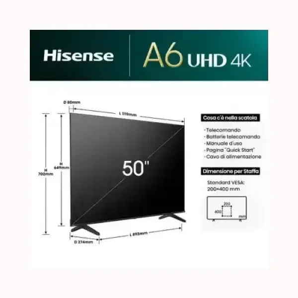 HISENSE TV A6 UHD 4K 50 pollici nero con piedini laterali e diagramma dimensioni e accessori