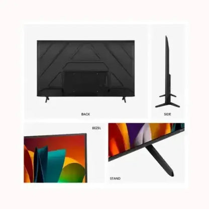 HISENSE TV televisore moderno viste posteriore laterale e dettaglio cornice sottile con piedistallo